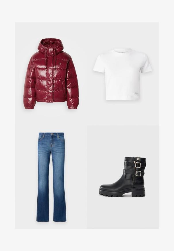 Burgundská puffa bunda s lesklým povrchom, nastaviteľnou kapucňou a dvoma prednými vreckami. Obsahuje vyšívané logo v hornej ľavej časti.; Biely croptop vyrobený z hladkej bavlny, s vysokým výstrihom a krátkymi rukávmi. Malé vyšívané logo v dolnom rohu.; Modré denimové rozšírené džínsy so klasickým päť-vreckovým dizajnom, s faded umývaním, zlatým stehom a gombíkovým zapínaním v páse.; Čierne kožené členkové topánky s dvojitými prackami, zipsom, masívnou podrážkou a hladkým povrchom. Vyznačujú sa robustným a štýlovým dizajnom.