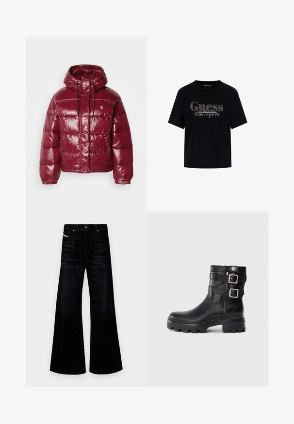 Burgundy puffer jacket with a glossy finish, adjustable hood, and two front pockets. Features an embroidered logo on the upper left side.; Black cotton t-shirt with a rounded neckline and short sleeves. Features a glittery "Guess" logo and "Established Nineteen Eighty One" text.; Black flared jeans in dark denim, featuring a classic five-pocket design, metal hardware, and subtle texture variations.; Black leather ankle boot with double buckle accents, zip closure, chunky sole, and smooth texture. Features a rugged, stylish design.