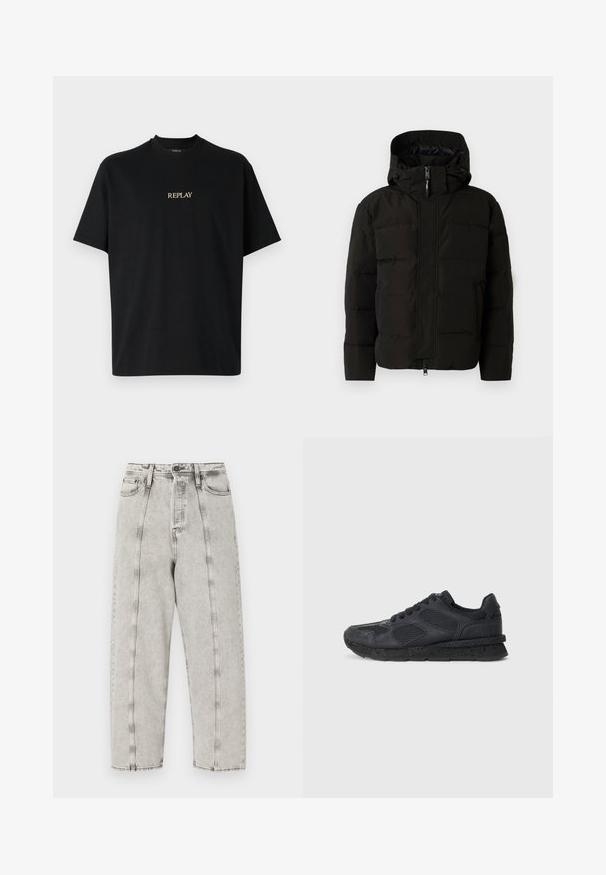 Melna pūkām manto ar kapuci, kas aprīkota ar priekšējo rāvējslēdzēju, elastīgām auklām un quilted dizainu siltumizolācijai. Gluda tekstūra.; Melna īsām piedurknēm T-krekls, izgatavots no kokvilnas, ar apaļu kakla izgriezumu un zelta "REPLAY" logotipu, kas iespiests priekšpusē.; Pelēki augsta jostasvieta džinsi ar brīvu piegriezumu, ar taisnu kāju dizainu, redzamām dūrēm un nolietotu tekstūru.; Replay ARTHUR ATOM - Treniņu apavi - black
