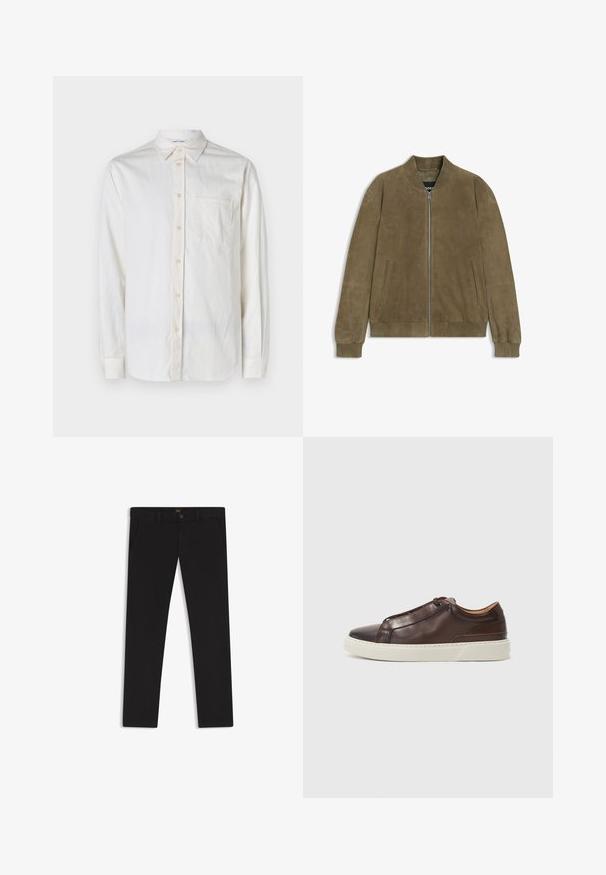 Olijfgroene suède bomberjack met een ritssluiting, ribbelkraag en -manchetten, en zijzakken. Gladde textuur en minimalistisch ontwerp.; Langarm, wit shirt van textuurstof met een button-down kraag, een voorzak en knoopsluitingen langs de sluiting en manchetten.; Zwarte broek van stof met een gladde textuur. Bevat een knoopsluiting, riemlussen en zijzakken. Standaard straight-leg ontwerp.; Bruine leren sneaker met een ronde neus, contrasterende witte rubberen zool, gestikte accenten en geen zichtbare veters. Over het algemeen een gladde textuur.