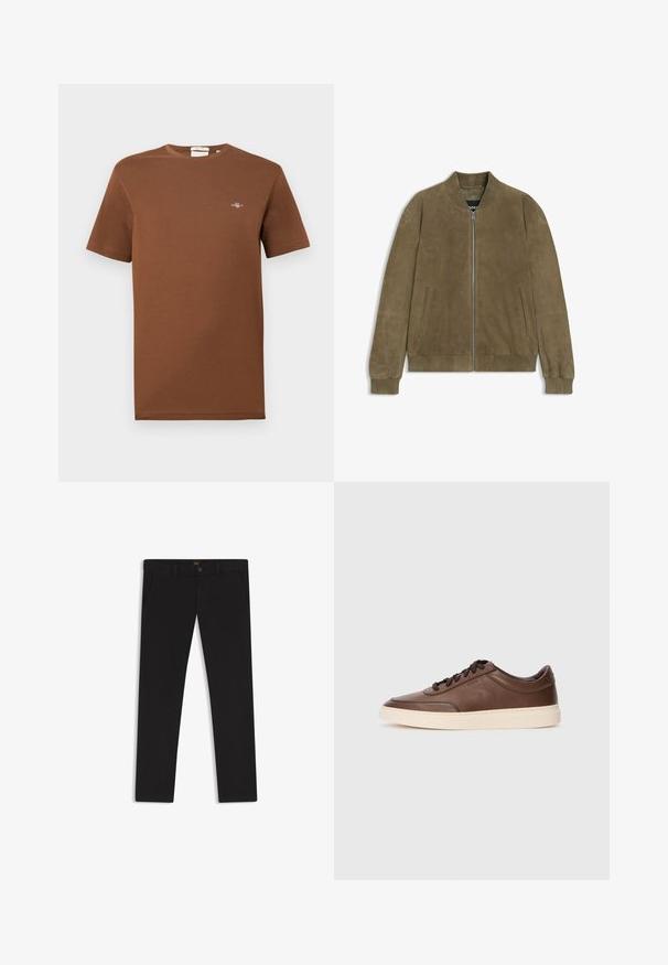 Olivgrüner Wildleder-Bomberjacke mit einem Reißverschluss, geripptem Kragen und Bündchen sowie seitlichen Taschen. Glatte Textur und minimalistisches Design.; Braunes Baumwoll-T-Shirt mit Rundhalsausschnitt. Verfügt über ein kleines, gesticktes Logo auf der Brust. Kurze Ärmel und normale Passform.; Schwarze Hosen aus einem Stoff mit glatter текстуре. Verfügt über einen Knopfverschluss, Gürtelschlaufen und Seitentaschen. Klassisches Design mit geradem Bein.; Braune Ledersneaker mit glatter Oberfläche, runder Zehenpartie und cremefarbener Gummisohle. Ausgestattet mit schwarzen Schnürsenkeln und dezentem Branding an der Seite.
