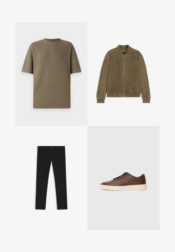 Chaqueta bomber de ante en verde oliva con cierre de cremallera, cuello y puños acanalados, y bolsillos laterales. Textura suave y diseño minimalista.; Camiseta de manga corta de canalé en color caqui con cuello redondo, que presenta un ajuste holgado y una textura suave, adecuada para un uso casual.; Pantalones negros de tela con una textura suave. Cuentan con cierre de botón, trabillas para cinturón y bolsillos laterales. Diseño de pierna recta estándar.; Zapatillas deportivas de cuero marrón con un acabado suave, punta redonda y suela de goma color crema. Presentan cordones negros y un sutil logotipo en el lateral.
