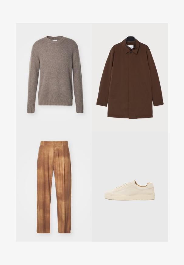 Brun ytterjakke med rett snitt, spiss krage, to sidelommer og lukking med en knapp. Glatt stofftekstur.; Brun, strikket genser med rund hals, lange ermer og ribbestrikkede mansjetter og hem, med en myk, teksturert overflate.; Brune mønstrede bukser med en tekstureret overflade, der har en løs pasform og lige ben. Stoffet har et subtilt rutenetdesign.; Beige semsket sportssko med lav topp, rund tå, flate lisser og en teksturert gummisåle. Minimalistisk stil uten synlige logoer.