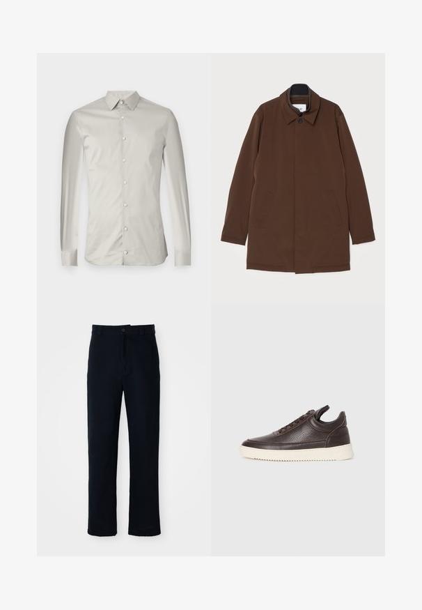 Rudas išorinės aprangos paltas su tiesiu kirpimu, taškuota apykakle, dviem šoninėmis kišenėmis ir viena mygtuko uždarymo sistema. Sklandaus audinio tekstūra.; Šviesiai pilkas ilgas rankovės marškinis, pagamintas iš lygaus audinio. Jame yra smailus apykaklė, priekiniai mygtukai ir pritaikytas siluetas su minimalizmo dizainu.; Tamsiai mėlynos medvilninės kelnės, turinčios tiesioginį kirpimą, priekyje užsegamos mygtuku ir klasikine juosta su dirželio kilpom.; Tamsiai rudas tekstūruotas odinis sportbačius su raišteliais ir baltu grioveliu ant gumos pado, pateiktas ant šviesaus fono.