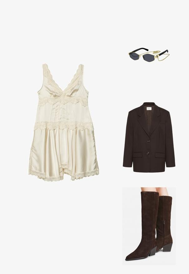 Tummanruskea bleiseri, jossa on viistot läpät, kaksi etutaskua, kaksi nappia ja rintatasku merkiltä Gestuz.; Kermak satin yööpuku, jossa on pitsireunus, V-pääntie, säädettävät hihnat, poimutettu rintakappale ja levenevä hame, jossa on aallotetut reunat.; Tummanruskeat mokkasaappaat, joissa on korkeat varret, terävä kärki, näyttävät korkeat korot ja sivuvetoketjut, käytetään paljain jaloin valkoista taustaa vasten.; Oktaaliset aurinkolasit tummilla linsseillä, kultaisilla metallikoristeilla ja mustilla muovivarsilla; mukana irrotettava kultaketju.