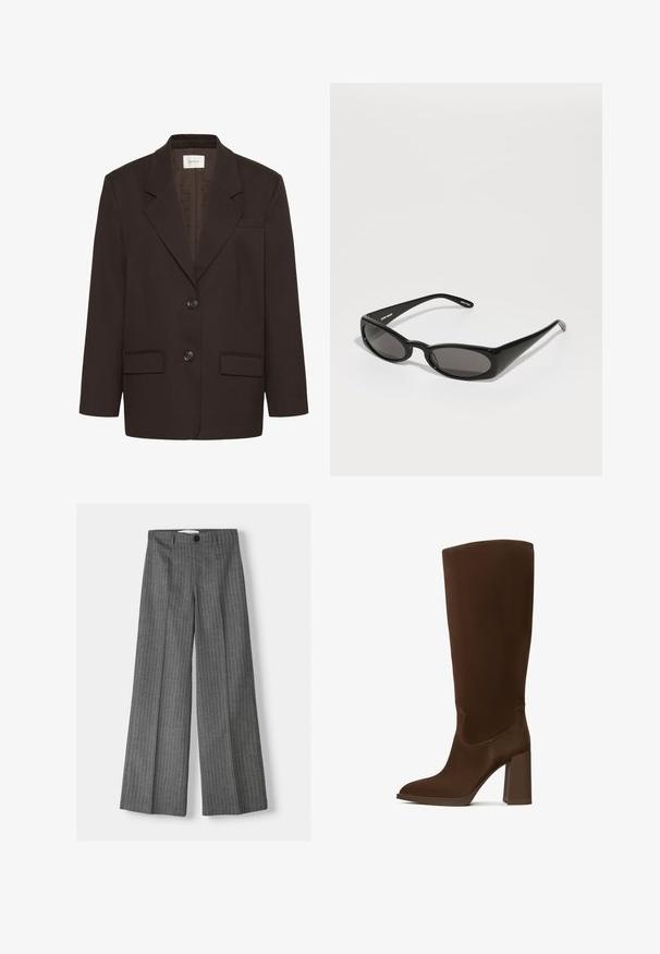Mørkebrun blazer med inderlapeller, to frontlommer med flap, to knapper og en brystlomme af Gestuz.; To langærmede trøjer: én sort og én hvid. Begge har en rund halsudskæring og en glat, ribbet tekstur. Brandmærket er synligt indeni halsudskæringen.; Grå brede bukser med stribe-mønster, udstyret med knaplukning og to forlommer. Lavet af tekstureret stof.; Brune knæhøje støvler lavet af glat materiale, med spids tå og firkantet hæl. Syningsdetaljer forbedrer det elegante design.; Henrik Vibskov MEGAN SUNGLASSES UNISEX - Solbriller - black; Sort ruskindshåndtaske med glat læderkanter, to afrundede håndtag, en aftagelig rem og metallynlås. Logo præget foran.