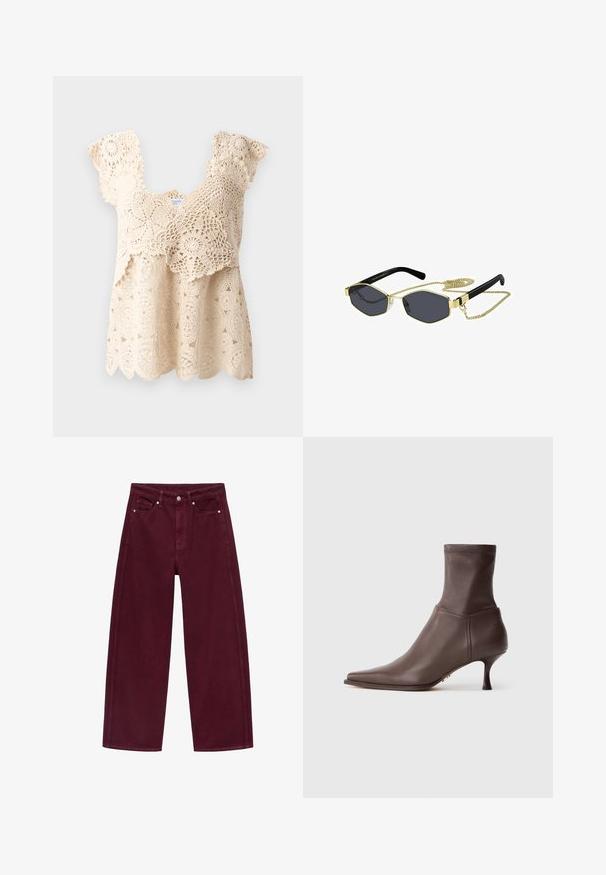 Temno rjava blazer jakna z notch reverji, dvema sprednjima žepoma s flapom, dvema gumboma in prsnim žepom z oblogami blagovne znamke Gestuz.; Bežna kvačkana majica s valovitim rubom, cvetnimi vzorci in kratkimi, nabranimi rokavi. Ima zapleteno čipkastih detajlov po celotni tkanini.; Burgundske široke hlače iz jeansa, izdelane iz bombažnega denima, z zasnovo štirih žepov in kovinskim gumbom za zapiranje ter usklajenim šivom.; Rjave usnjene gležnjarje s koničastim nosom in ozkim srednje visokim petkom na belem ozadju.; Oktagonalne sončne naočale s temnimi lečami, zlatimi kovinskimi detajli in črnimi plastičnimi ročaji; vključujejo odstranljivo zlato verigo.; Črna suede torbica z gladkim usnjenim obrobom, dvema okroglima ročkama, odtrgano naramnico in kovinskim zadrgo. Logotip je odtisan na sprednji strani.