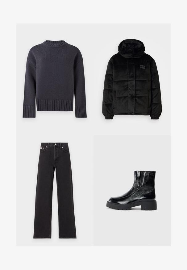 Giacca a vento nera realizzata in tessuto morbido e testurizzato. Presenta un collo alto, chiusura con bottoni e pannelli cuciti. Include tasche laterali.; Maglione blu navy a maglia con un alto col ribattuto e ampi polsini e orlo a coste. Presenta una vestibilità comoda e un tessuto testurizzato.; Jeans neri a gamba larga in denim, con vita alta, styling a cinque tasche e chiusura con bottone metallico e cuciture a contrasto.; Stivali neri alla caviglia con una finitura in pelle laccata lucida, suola in gomma nera spessa e tacco rialzato; include un discreto dettaglio del logo sul lato.