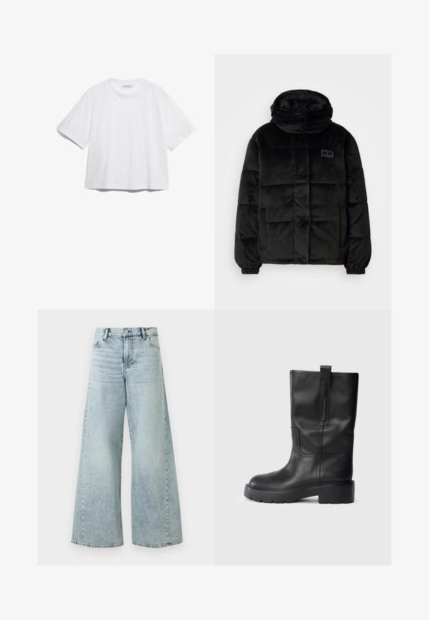 Juodas pūkinis paltas, pagamintas iš minkštos, tekstūruotos medžiagos. Turi aukštą apykaklę, mygtukų užsegimą ir siūtas paneles. Įrengti šoniniai kišeniai.; Balta medvilninė marškinėliai su trumpomis rankovėmis, apvaliu iškirpimu, laisvu siluetu ir be matomų raštų ar grafikų. Lygus paviršius ir paprastas dizainas.; Šviesiai mėlynos džinsinės plačios kojos kelnės su aukštu liemeniu, su mygtuko uždarymu, penkiomis kišenėmis ir suplėšytais kraštais.; Juodos odinės kelio ilgio bootai su elegantišku dizainu, turintys storą padas ir šoninius traukimo antkaklius patogiam užsitempimui. Išskirtiniai siuvimo akcentai.