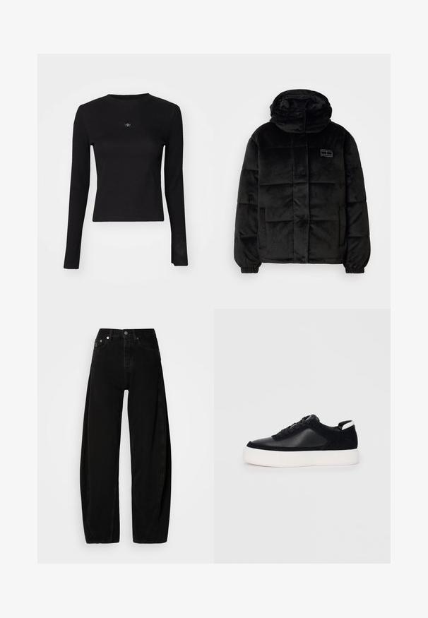 Giacca a vento nera realizzata in tessuto morbido e testurizzato. Presenta un collo alto, chiusura con bottoni e pannelli cuciti. Include tasche laterali.; Maglietta nera a maniche lunghe realizzata in tessuto a coste con scollatura rotonda. Presenta un piccolo etichetta con logo sul petto e un design aderente.; Pantaloni in denim neri a gamba larga con vita alta, dotati di chiusura a bottoni, cinque tasche e dettagli di cucitura minimi.; Sneaker nera con pannelli in pelle liscia e suede, lacci piatti, punta arrotondata e suola in gomma bianca. Logo distintivo sul tallone.