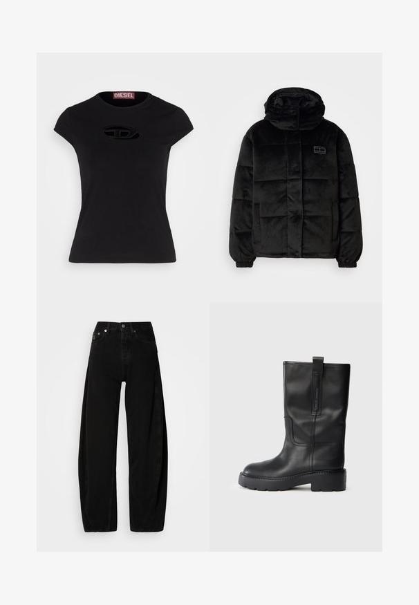 Casaco puffer preto feito de tecido macio e texturizado. Apresenta um colarinho alto, fecho de botão e painéis cosidos. Inclui bolsos laterais.; T-shirt preta de manga curta com um design ajustado, apresentando um logótipo Diesel texturizado em forma oval na frente.; Calças largas de ganga pretas com cintura alta, apresentando um fecho de botão, cinco bolsos e detalhes de costura mínimos.; Botas pretas de couro até ao joelho com um design elegante, apresentando uma sola grossa e uma aba lateral para fácil colocação. Detalhes de costura notáveis.