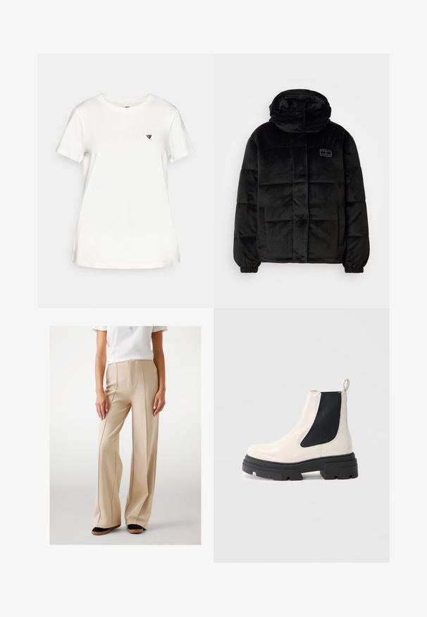 Juodas pūkinis paltas, pagamintas iš minkštos, tekstūruotos medžiagos. Turi aukštą apykaklę, mygtukų užsegimą ir siūtas paneles. Įrengti šoniniai kišeniai.; Guess COLETTE - Marškinėliai su spaudiniu - snow cap; Kreminės plačių kojų kelnės, pagamintos iš lygios medžiagos, su priekyje esančiomis raukšlėmis ir aukštu liemeniu. Derinamos su juodais ir ruda plokščiadugniu bateliais.; Kreminės odos Chelsea botai su masyvia juoda padu ir juodą elastinę šoninę dalį prieš baltą foną.