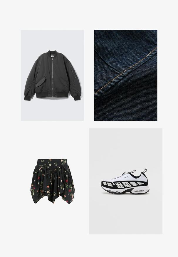 Must must Sleeve zipper, ribbed collar, cuffs ja küljekotid, lisaks vasakul varrukal olemas ka eraldi suletav tasku.; Tumedat sinised denim kangad peene vertikaalse tekstuuriga, millel on rõhutusena oranž õmblus serva ääres.; Mustad lilleline seelik, mis on valmistatud kergest kangast. Seelikul on volangidega disain, kus on roosad, punased ja valged roosid ning ainulaadne asümmeetriline äär.; Nike sneakerid valges ja mustas. Omab voolavat disaini, hingavat võrkmaterjali ja kontrastset perforatsiooni. Nähtav õhuüksus tallas.