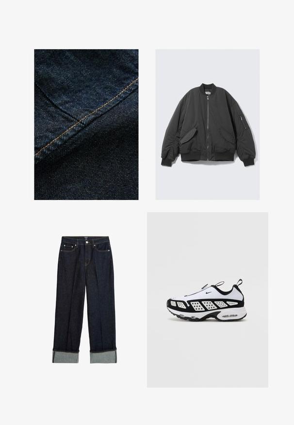 Sort bomberjakke med lynlås foran, ribbet krave og manchetter, sidelommer og en ekstra lynlåslomme på venstre ærme.; Mørkeblå denim stof med en subtil vertikal tekstur, der har orange syninger langs sømmen som accent.; Mørkeblå bredbenede jeans med opsmøg, der har orange syninger og klassisk fem-lommers design. Lavet af denimstof.; Nike sneaker i hvid og sort. Har et strømlinet design, åndbart mesh og kontrasterende perforerede paneler. Synlig luftenhed i sålen.