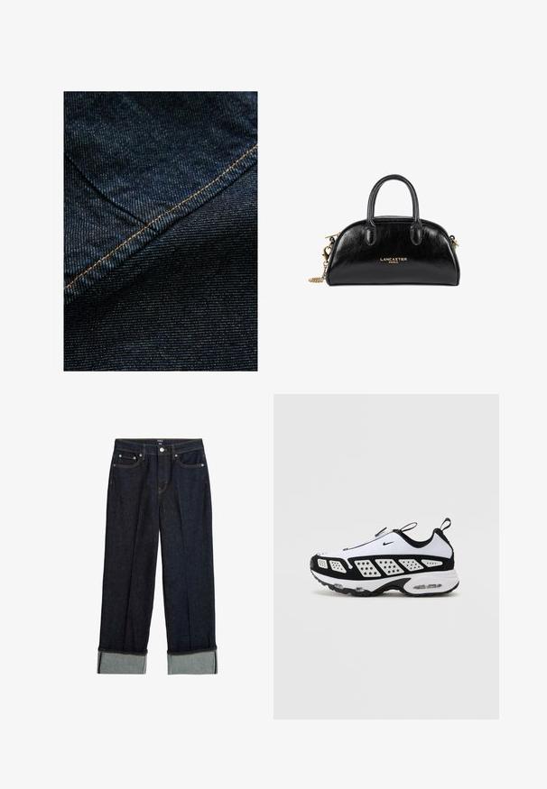 Giacca bomber nera con chiusura zip frontale, colletto e polsini a coste, tasche laterali e una tasca zip aggiuntiva sulla manica sinistra.; Tessuto di denim blu scuro con una sottile trama verticale, caratterizzato da cuciture arancioni lungo la cucitura per un tocco di accentuazione.; Jeans a gamba larga di un blu scuro con orlo arrotolato, caratterizzati da cuciture arancioni e design classico a cinque tasche. Realizzati in tessuto denim.; Sneaker Nike in bianco e nero. Presenta un design aerodinamico, mesh traspirante e pannelli perforati a contrasto. Unità d'aria visibile nella suola.; Borsa a mano in pelle nera con design curvo, manici doppi, accessori in oro e tracolla a catena. Presenta il logo "Lancaster Paris."