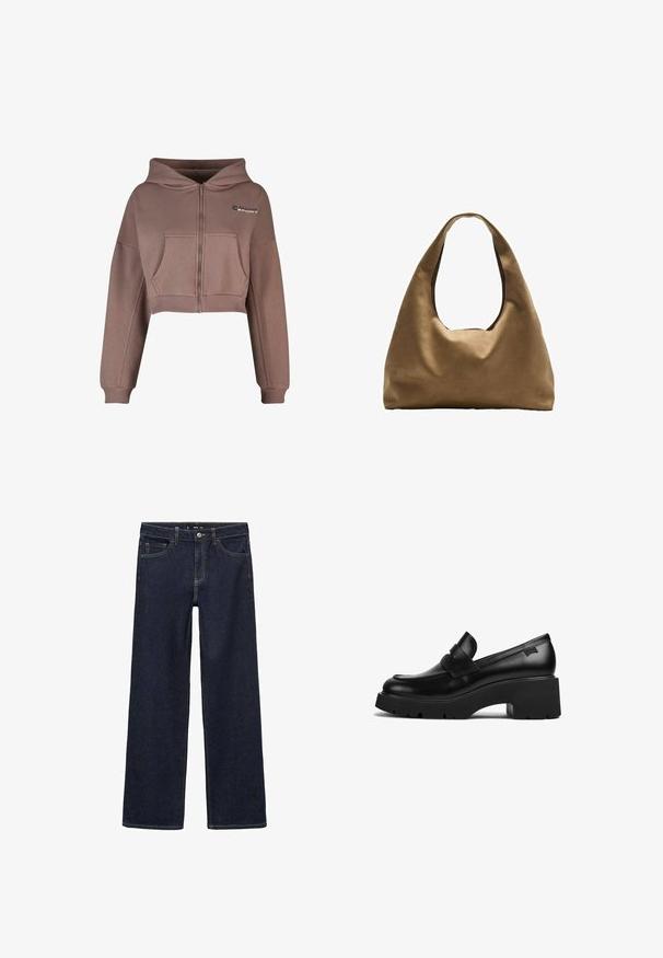 Smeđi dvostruki vuneni sako s epauletima na ramenima, velikim reverima, dva prednja džepa i prevrnutim manžetama. Oznaka unutrašnjosti.; Skraćena zip-up dukserica u neutralnoj smeđoj boji. Ima prednji džep, rebrast obrub, te rebraste manžete. Sportski logo na gornjoj levoj strani.; Bijela pamučna majica bez rukava s izrezom u obliku slova U, tijesnog kroja. Glatka tekstura, jednostavan dizajn i minimalni detalji šivanja.; Tamno plave traperice s opuštenim krojem. Imaju visoki struk, pet džepova i kontrastno šivanje. Ravne nogavice, bez ukrasa.; Crna kožna loaferica s debelim potplatom i chunky petom, s trakom preko gornjeg dijela, prikazana sa strane na bijeloj pozadini.; Smeđa platnena torba za rame s širokim, zaobljenim tijelom i velikim izrezanim drškom. Mekana tekstura, minimalistički dizajn i bez vidljivog hardvera.