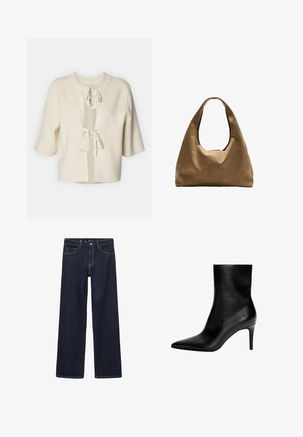 Brown double-breasted wool-blend jacket with shoulder epaulets, large lapels, two front pockets, and rolled cuffs. Marked interior label.; Short-sleeved, open-front cardigan in soft, cream-colored fabric with a ribbed texture and two tie closures at the neck.; White cotton tank top with a scooped neckline, no sleeves, and a fitted shape. Smooth texture, plain design, and minimal stitching details.; Dark wash denim jeans with a relaxed fit. Features a high waist, five pockets, and contrasting stitching. Straight leg design, no embellishments.; Black leather ankle boot with pointed toe and slim mid-height stiletto heel, smooth texture, and no visible fastenings.; Brown fabric shoulder bag with a wide, rounded body and a large cutout handle. Soft texture, minimalistic design, and no visible hardware.