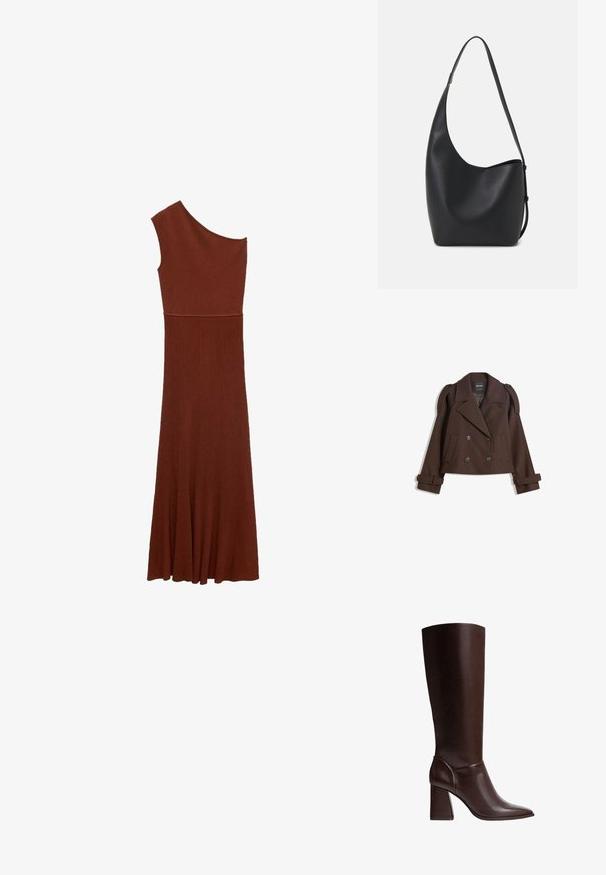 Ruskearvoinen kaksirivinen villasekoitekavit, jossa on olkalaput, suuret kaulukset, kaksi etutaskua ja käärityt hihansuut. Merkattu sisätunnus.; Vaaleanruskea epäsymmetrinen ribbimekko, jossa on yksi olkaimen malli; vartalonmyötäinen yläosa levenee leveäksi hameeksi. Sujuva pintakuvio koko matkalla.; Ruskotoinen nahkainen polvipituinen saapas, jossa on terävä kärki ja tukeva korko, ja jossa on sileä pinta sekä tyylikäs muotoilu. Nilkassa on koristeellista ompelua.; Musta nahkainen hobo-laukku, jossa on sileä pinta, kaareva muoto ja yksi säädettävä olkahihna; sisäänkäynti on leveä ylhäältä.