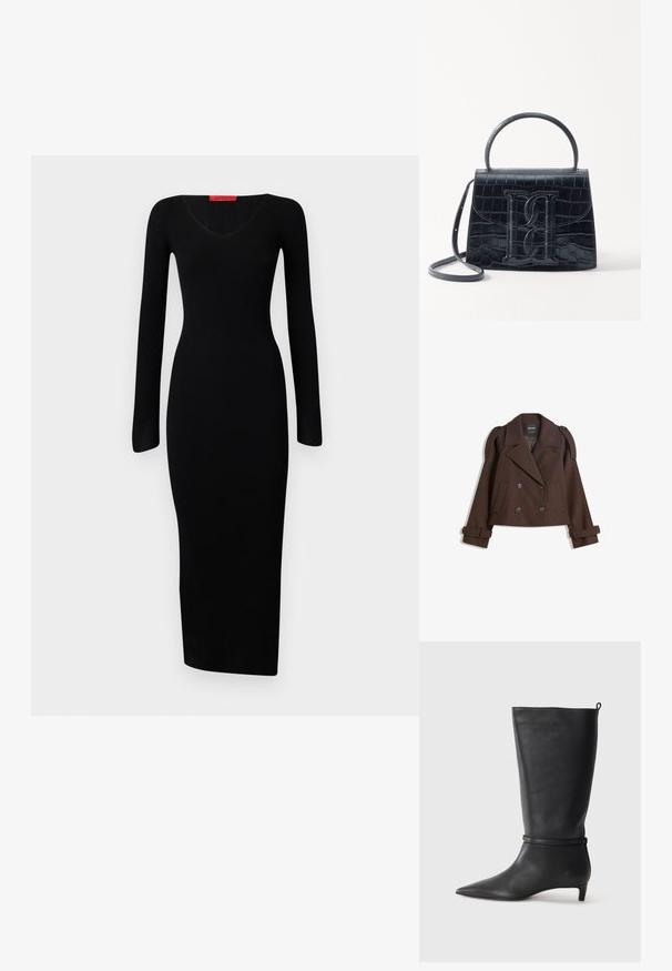 Brun dubbelknäppt jacka i ullblandning med axelklaffar, breda slag, två framfickor och rullade ärmar. Märkt inneretikett.; Svart, ribbade långärmad klänning med V-ringning, figursydd bodice och rak fåll, tillverkad av stretchtyg för en kroppsnära silhuett.; Svart läderknähöga stövlar med spetsig tå, försedda med ett runt rem runt vristen och en låg, avsmalnande klack. Slät textur.; Svart läderhandväska med krokodilprägling, strukturerad design, topphandtag, justerbar rem och en framträdande logotypdetalj på framsidan.