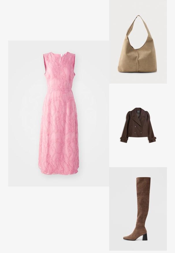 Rjava dvojna volna mešana jakna z epauleti na rami, velikimi reverji, dvema sprednjima žepoma in zavihanimi manšetami. Oznaka na notranji strani.; Ružičasta brezrokavna obleka z teksturiranim vezenjem v spiralskih vzorcih, do kolen, s prilegajočim pasom in okroglim izrezom.; Rjave čizme do kolen, izdelane iz mehkega semiša, z ostrim nosom in masivnim črnim peto. Oblikovanje vključuje brezšivno šivanje za eleganten videz.; Hobo torba iz mehkega bež nubuka z ohlapno obliko, širokim ramenskim trakom in ročno šivanim šivom po sprednji strani.