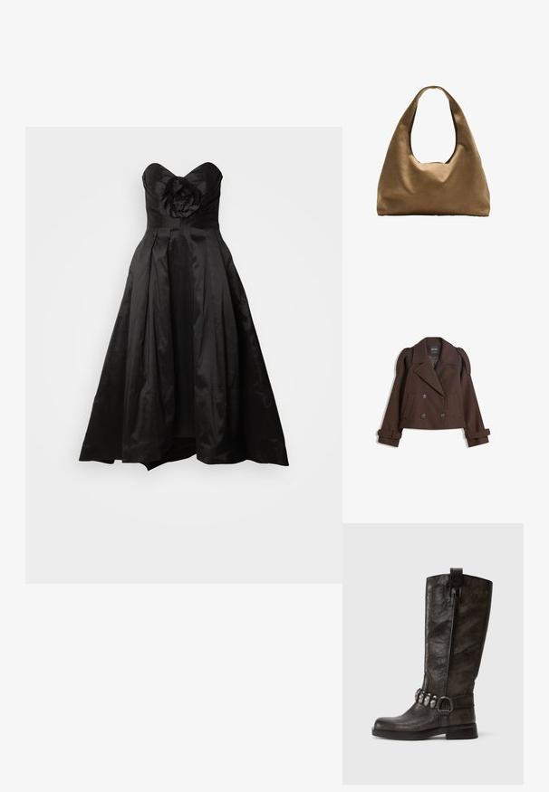 Smeđi dvostruki vuneni sako s epauletima na ramenima, velikim reverima, dva prednja džepa i prevrnutim manžetama. Oznaka unutrašnjosti.; Crna haljina bez naramenica s cvjetnim ukrasom na korzetu, nabranim suknjom i lepršavim siluetom. Materijal sličan satenu, glatka tekstura.; Tamaris Kaubojske/motorističke čizme - cigar; Smeđa platnena torba za rame s širokim, zaobljenim tijelom i velikim izrezanim drškom. Mekana tekstura, minimalistički dizajn i bez vidljivog hardvera.