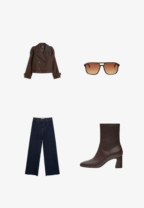 Smeđi dvostruki vuneni sako s epauletima na ramenima, velikim reverima, dva prednja džepa i prevrnutim manžetama. Oznaka unutrašnjosti.; Smeđi pleteni pulover od mekog materijala, sa okruglim izrezom, kratkim rukavima i opuštenim krojem. Teksturirana površina sa glatkim završetkom.; Hlače od tamnog jeansa s širokim nogavicama, kontrastnim šavovima, visokim strukom i ravnim krojem. Imaju prednje džepove i klasično zatvaranje na gumb.; Smešano smeđi kožni čizmi s prilagođenim dizajnom, zaključenim vrhom i debelim visokim potpeticama. Glatka tekstura i suptilni detalji šivanja na vrhu.; Načini od kornjačevine sunčane naočale s pravokutnim okvirom, smešnim gradijentnim lećama i karakterističnim srebrnim akcentom na mostu.; Smeđa platnena torba za rame s širokim, zaobljenim tijelom i velikim izrezanim drškom. Mekana tekstura, minimalistički dizajn i bez vidljivog hardvera.; Anna Field LEATHER - Rukavice - black; Zlatne metalne naušnice s glatkim, nepravilnim oblikom i sjajnom površinom, koje imaju minimalistički dizajn bez ukrasa.