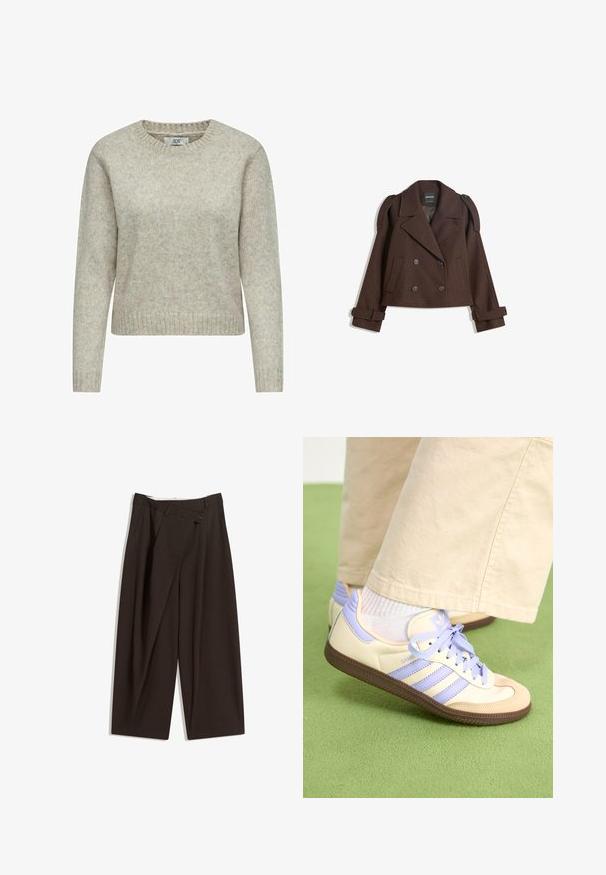 Hnědá dvouřadá bunda z vlněné směsi s epauletami na ramenou, velkými límci, dvěma předními kapsami a ohrnutými manžetami. Vnitřní štítek s označením.; Světle béžový svetr pro ženy vyrobený z měkké pleteniny, s kulatým výstřihem a žebrovanými manžetami a spodním lemem. Klasický, rovný střih.; Tmavě hnědé široké kalhoty s vysokým pasem, vybavené jedním tlačítkem na zapínání a plisovaným předním dílem. Vyrobené z lehkého materiálu.; Krémové a levandulové tenisky se třemi pruhy a texturovanou hnědou podrážkou, vybavené tkaničkami a polstrovanou patou. Měkký textilní svršek.