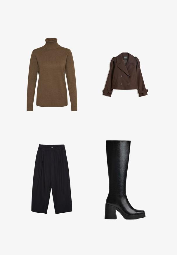 Brązowa, podwójnie zapinana kurtka z mieszanki wełny z epauletami na ramionach, dużymi klapami, dwiema przednimi kieszeniami i podwiniętymi mankietami. Oznakowana metka wewnętrzna.; Brązowy sweter z golfem wykonany z miękkiej, teksturowanej dzianiny. Posiada długie rękawy oraz dopasowany krój z prążkowanym kołnierzem i mankietami.; Czarne spodnie culotte z poliestru z elastycznym pasem, dwoma fałdami z przodu i luźnym krojem. Brak widocznych wzorów lub elementów metalowych.; Czarne, sięgające kolan botki wykonane z teksturowanego materiału syntetycznego, z kwadratowym noskiem, masywnym, wysokim obcasem oraz gładką, elegancką powierzchnią.
