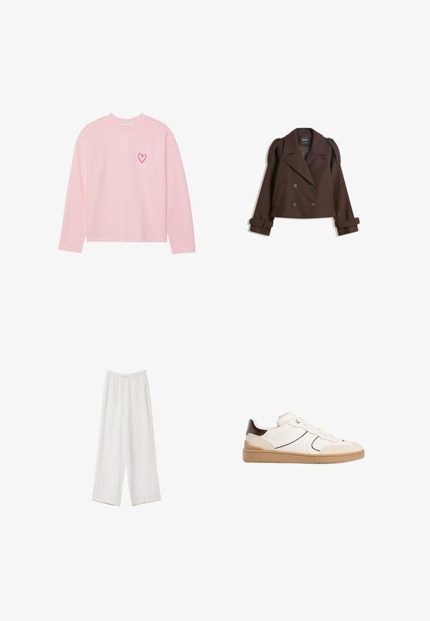 Brun dubbelknäppt jacka i ullblandning med axelklaffar, breda slag, två framfickor och rullade ärmar. Märkt inneretikett.; Ljusrosa långärmad sweatshirt gjord av mjukt tyg. Har ett litet broderat hjärta på vänster bröst. Ribbat halsringning och ärmslut.; Vita vida byxor i vid passform gjorda av ett lättviktsmaterial. Har en elastisk midja med dragsko och sidofickor. Slät textur.; Stradivarius Sneakers - white