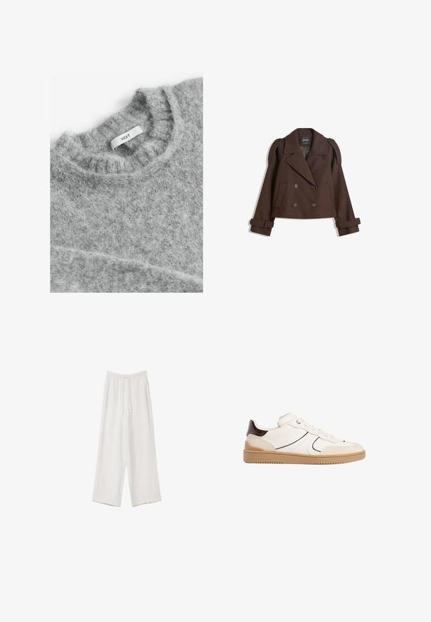 Brown double-breasted wool-blend jacket with shoulder epaulets, large lapels, two front pockets, and rolled cuffs. Marked interior label.; Next Jumper - grey; White wide-leg trousers made from a lightweight fabric. Features an elastic waistband with a drawstring and side pockets. Smooth texture.; Stradivarius Trainers - white