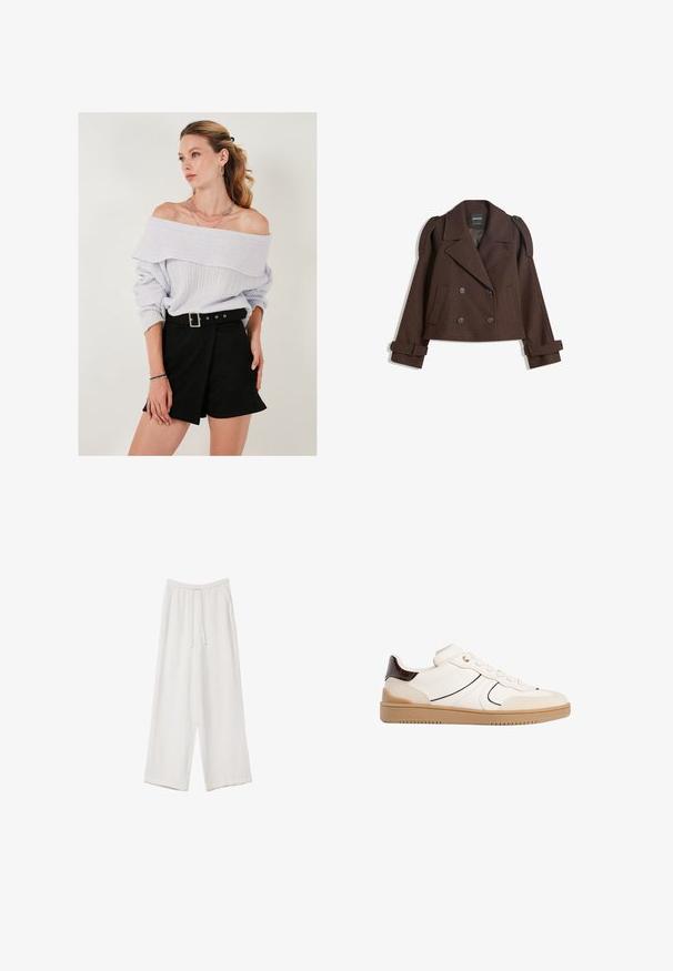 Ruskearvoinen kaksirivinen villasekoitekavit, jossa on olkalaput, suuret kaulukset, kaksi etutaskua ja käärityt hihansuut. Merkattu sisätunnus.; Vaaleanlila olkapäiltä avattu neulepaita, jossa on ribbikuvio, yhdistettynä korkeavyötäröisiin mustiin shortseihin, joissa on solkilukko-yksityiskohta.; Valkoiset leveälahkeiset housut kevyestä kankaasta. Ominaisuuksiin kuuluu elastinen vyötärö, jossa on nauhakuuluma ja sivutaskut. Sileä rakenne.; Stradivarius Matalavartiset tennarit - white