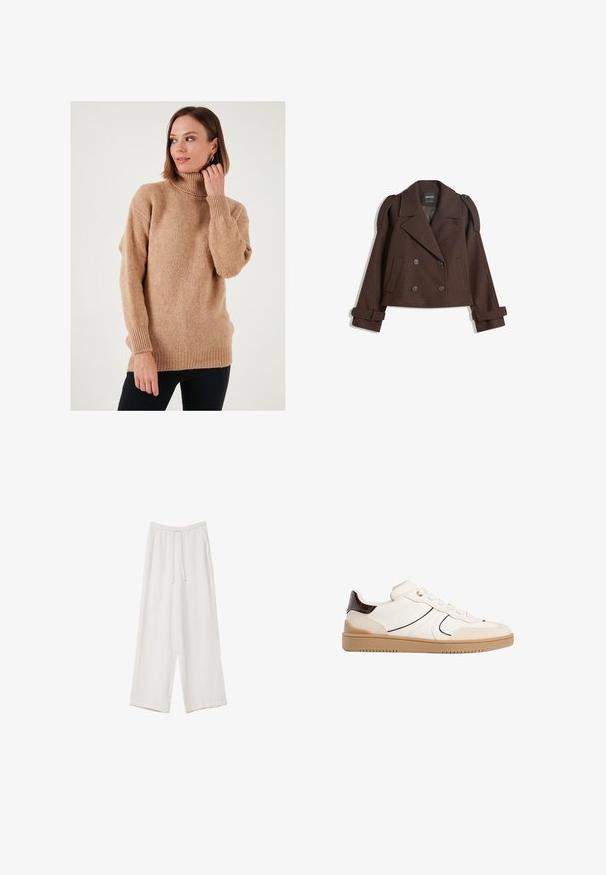 Brun dobbeltbrystet jakke i uldblanding med skulderlapper, store revers, to frontlommer og optrukne manchetter. Mærket indvendig label.; Beige rullekrave sweater med en afslappet pasform, strikket tekstur og ribbede manchetter og kant. Forsiden er lidt længere med sænkede skuldre, hvilket skaber et afslappet udseende.; Hvide bukser med bred benlængde lavet af et letvægtsstof. Har et elastisk talje med snor og sidelommer. Glat tekstur.; Stradivarius Sneakers - white