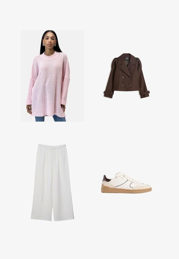 Brązowa, podwójnie zapinana kurtka z mieszanki wełny z epauletami na ramionach, dużymi klapami, dwiema przednimi kieszeniami i podwiniętymi mankietami. Oznakowana metka wewnętrzna.; Elara - Sweter; Białe szerokie spodnie wykonane z lekkiego materiału, z elastyczną talią i sznurkiem do regulacji fasonu. Gładka tekstura.; Stradivarius - Sneakersy niskie