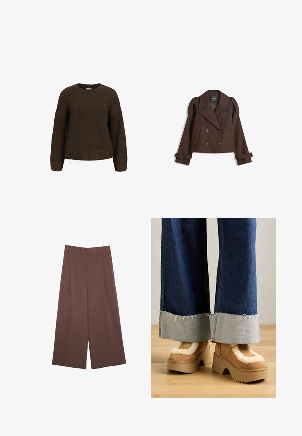 Brown double-breasted wool-blend jacket with shoulder epaulets, large lapels, two front pockets, and rolled cuffs. Marked interior label.; Brown, knitted sweater with long sleeves, a crew neck, and a relaxed fit. Features a soft texture and ribbed cuffs and hem.; Brown wide-leg trousers with a smooth texture, featuring a high waist and front pleats. The fabric is lightweight and flows loosely.; Brown suede platform boots with cream fur lining, paired with wide-leg denim pants featuring frayed hems and a lighter denim cuff.