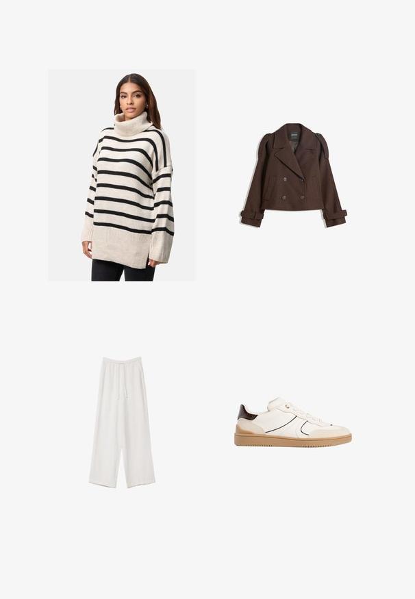 Braune, doppelt knöpfbare Wollmischjacke mit Schulterklappen, großen Revers, zwei Fronttaschen und umgeschlagenen Manschetten. Mit Etikett im Inneren.; Elara Strickpullover - beige; Weiße weit geschnittene Hose aus leichtem Stoff. Mit einem elastischen Bund und Kordelzug sowie Seitentaschen. Glatte Textur.; Stradivarius Sneaker low - white