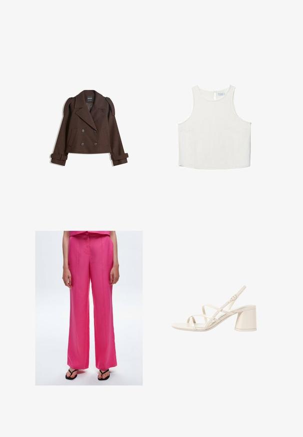 Brązowa, podwójnie zapinana kurtka z mieszanki wełny z epauletami na ramionach, dużymi klapami, dwiema przednimi kieszeniami i podwiniętymi mankietami. Oznakowana metka wewnętrzna.; Biała bezrękawnik z okrągłym dekoltem, z delikatną teksturą, z tylnym wycięciem w kształcie klucza oraz prostym wykończeniem dołu.; Różowe spodnie typu wide-leg z gładkiego materiału z plisami z przodu. Stylizowane z czarnymi klapkami widocznymi na kostkach.; Beżowe sandały na obcasie z cienkimi, krzyżującymi się paskami, otwartym palcem i kwadratowym klockiem. Gładkie wykończenie z lakierowanej skóry, regulowany pasek na kostkę.