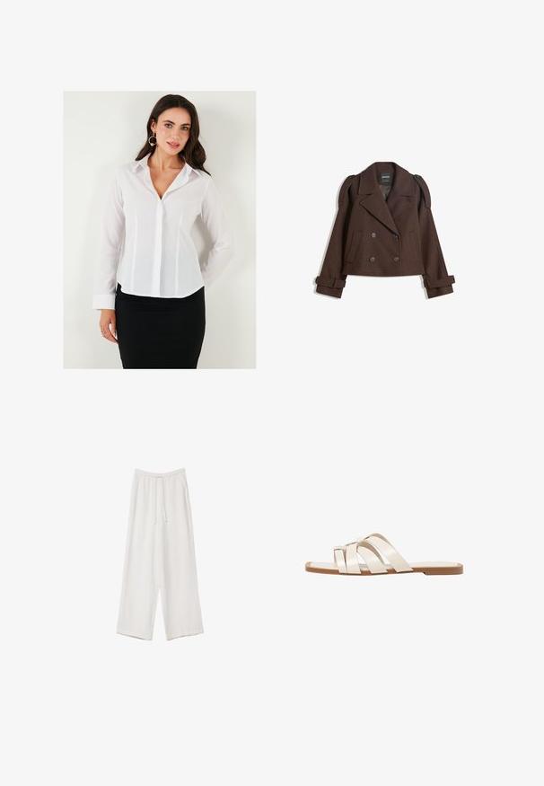 Brown double-breasted wool-blend jacket with shoulder epaulets, large lapels, two front pockets, and rolled cuffs. Marked interior label.; White long-sleeve shirt with a collar, button-down front, and vertical seams. Pairs with a black skirt for a professional look.; White wide-leg trousers made from a lightweight fabric. Features an elastic waistband with a drawstring and side pockets. Smooth texture.; Flat sandals with a tan rubber sole, designed with three overlapping white leather straps and a small bow detail at the center.