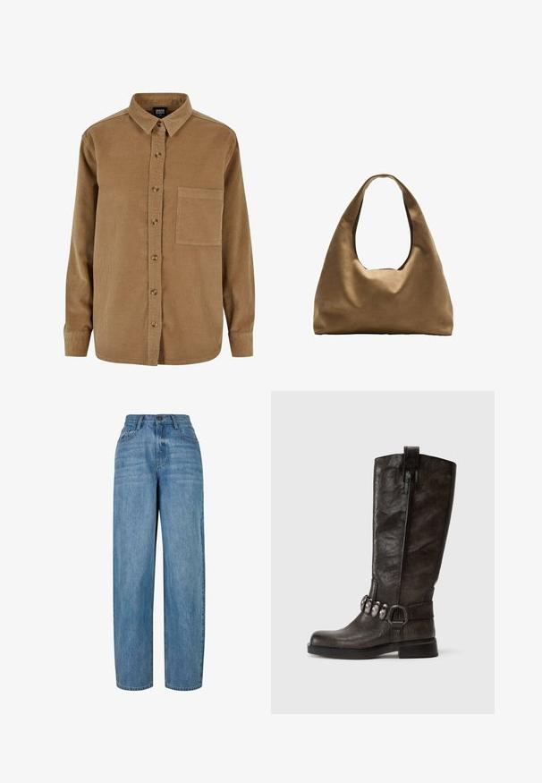 Brun dobbeltbrystet jakke i uldblanding med skulderlapper, store revers, to frontlommer og optrukne manchetter. Mærket indvendig label.; Brun fløjlsskjorte med knaplukning foran, spidse kraver, lange ærmer og en brystlomme. Har en subtil vertikal tekstur og brune knapper.; Hvid bomulds tanktop med en rundet halsudskæring, uden ærmer og en tætsiddende pasform. Glat tekstur, ensartet design og minimale syninger.; Lyseblå denimjeans med lige ben-design, der har en knaplukning, fem lommer og subtilt slid i stoffet.; Tamaris Cowboy- / bikerstøvler - cigar; Brun stof skuldertaske med en bred, rundet krop og et stort udsnit håndtag. Blød tekstur, minimalistisk design og ingen synlig hardware.