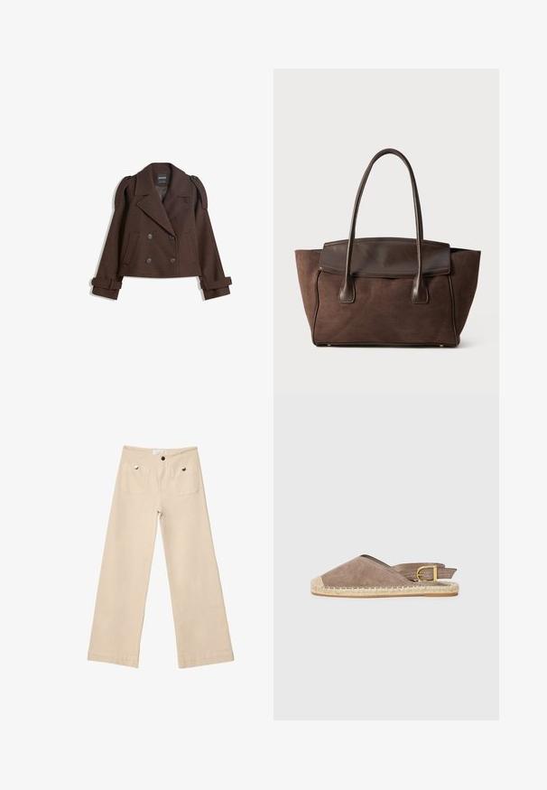 Bruine dubbelzijdige wollen blazer met schouderepauletten, grote revers, twee voorknoopzakken en opgerolde manchetten. Gemarkeerd binnenlabel.; Donkergrijze top met korte mouwen en een bootnek. Gemaakt van ribbelstof, met een relaxte pasvorm en een nette zoom. Eenvoudig ontwerp, geen patronen.; Beige wijde broek van zacht katoen, met twee diepe voorzakken met zilverkleurig beslag, rechte pasvorm en net afgewerkte zomen.; Suede espadrille sandaal in taupe, open-back ontwerp, jute zool, platte hak, met verstelbare gespaccent, voorzien van contrasterende beige neuskap.; Bruine suède tote bag met een gestructureerd ontwerp, een gladde leren afwerking, verlengde handvatten en subtiele contrasterende stiksels.