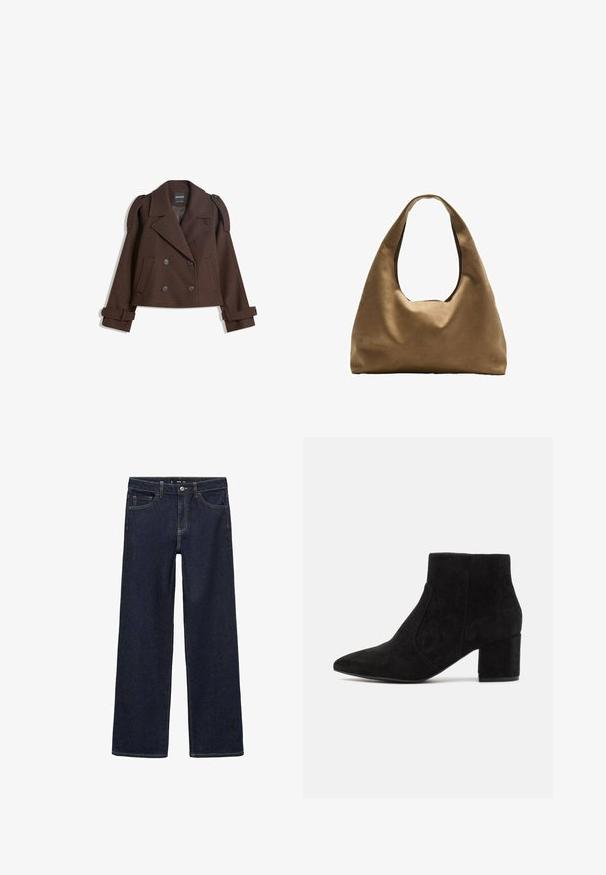 Smeđi dvostruki vuneni sako s epauletima na ramenima, velikim reverima, dva prednja džepa i prevrnutim manžetama. Oznaka unutrašnjosti.; Bijela pamučna majica bez rukava s izrezom u obliku slova U, tijesnog kroja. Glatka tekstura, jednostavan dizajn i minimalni detalji šivanja.; Tamno plave traperice s opuštenim krojem. Imaju visoki struk, pet džepova i kontrastno šivanje. Ravne nogavice, bez ukrasa.; Crne ante čizme do gležnjeva s oštrim vrhom i blok petom. Dizajn je elegantan s neprimjetnim bočnim panelima, stvarajući minimalistički izgled.; Smeđa platnena torba za rame s širokim, zaobljenim tijelom i velikim izrezanim drškom. Mekana tekstura, minimalistički dizajn i bez vidljivog hardvera.