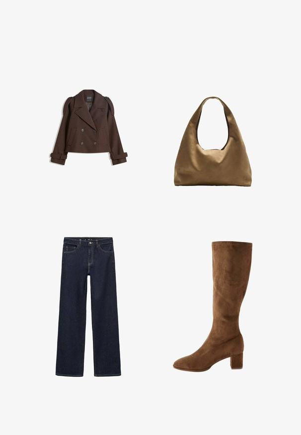 Smeđi dvostruki vuneni sako s epauletima na ramenima, velikim reverima, dva prednja džepa i prevrnutim manžetama. Oznaka unutrašnjosti.; Bijela pamučna majica bez rukava s izrezom u obliku slova U, tijesnog kroja. Glatka tekstura, jednostavan dizajn i minimalni detalji šivanja.; Tamno plave traperice s opuštenim krojem. Imaju visoki struk, pet džepova i kontrastno šivanje. Ravne nogavice, bez ukrasa.; Smeđe nubuk čizme do koljena s sužavajućim prstom i blok petom, s glatkom teksturom i urednim šavovima duž rubova.; Smeđa platnena torba za rame s širokim, zaobljenim tijelom i velikim izrezanim drškom. Mekana tekstura, minimalistički dizajn i bez vidljivog hardvera.