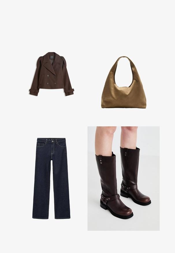 Rjava dvojna volna mešana jakna z epauleti na rami, velikimi reverji, dvema sprednjima žepoma in zavihanimi manšetami. Oznaka na notranji strani.; Bela bombažna majica brez rokavov s kroglasto izrezom in prilegajočim krojem. Gladka tekstura, enostavna zasnova in minimalne šivanske podrobnosti.; Temne oprane jeans hlače z sproščenim krojem. Imajo visok pas, pet žepov in kontrastno šivanje. Naravnan kroj nog, brez okrasnih elementov.; Rjav usnjeni škornji do kolen z gladko teksturo, ki imajo širok trak in trikotne kovinske detajle, ter ravne gumijaste podplate.; Brahna torba preko rame iz rjave tkanine s širokim, zaobljenim tijelom i velikim izrezanim ručkom. Meka tekstura, minimalistički dizajn i bez vidljivih metalnih dijelova.