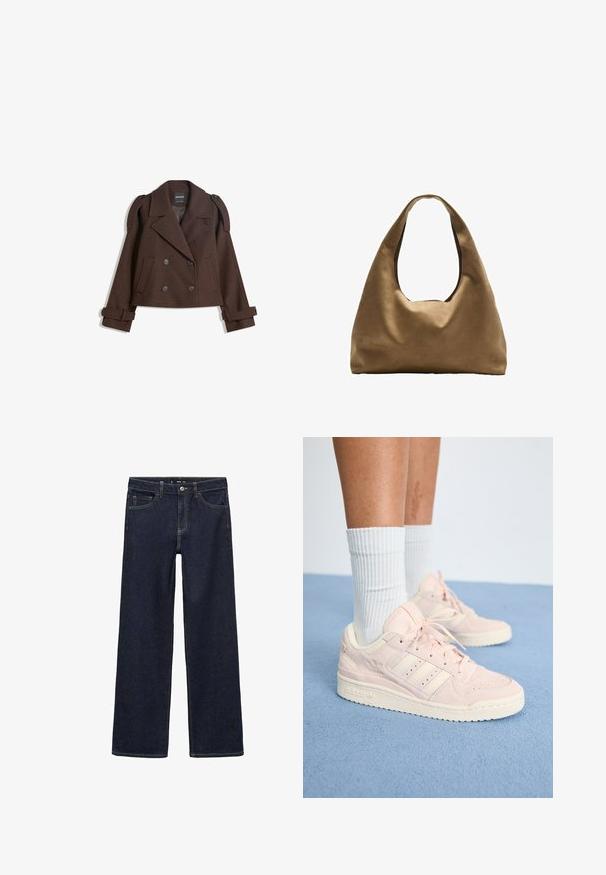 Smeđi dvostruki vuneni sako s epauletima na ramenima, velikim reverima, dva prednja džepa i prevrnutim manžetama. Oznaka unutrašnjosti.; Bijela pamučna majica bez rukava s izrezom u obliku slova U, tijesnog kroja. Glatka tekstura, jednostavan dizajn i minimalni detalji šivanja.; Tamno plave traperice s opuštenim krojem. Imaju visoki struk, pet džepova i kontrastno šivanje. Ravne nogavice, bez ukrasa.; Svijetlo ružičaste Adidas tenisice od ante kože i mrežastog materijala, s tri bijele pruge, gumenim potplatom i toniranim vezicama, uparene s bijelim čarapama.; Smeđa platnena torba za rame s širokim, zaobljenim tijelom i velikim izrezanim drškom. Mekana tekstura, minimalistički dizajn i bez vidljivog hardvera.