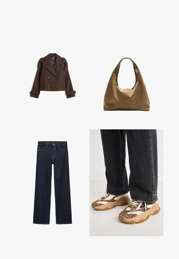 Brown double-breasted wool-blend jacket with shoulder epaulets, large lapels, two front pockets, and rolled cuffs. Marked interior label.; White cotton tank top with a scooped neckline, no sleeves, and a fitted shape. Smooth texture, plain design, and minimal stitching details.; Dark wash denim jeans with a relaxed fit. Features a high waist, five pockets, and contrasting stitching. Straight leg design, no embellishments.; Leopard print sneakers with mesh and leather panels, tan rubber outsole, and contrasting black accents. Worn with loose-fitting dark jeans.; Brown fabric shoulder bag with a wide, rounded body and a large cutout handle. Soft texture, minimalistic design, and no visible hardware.