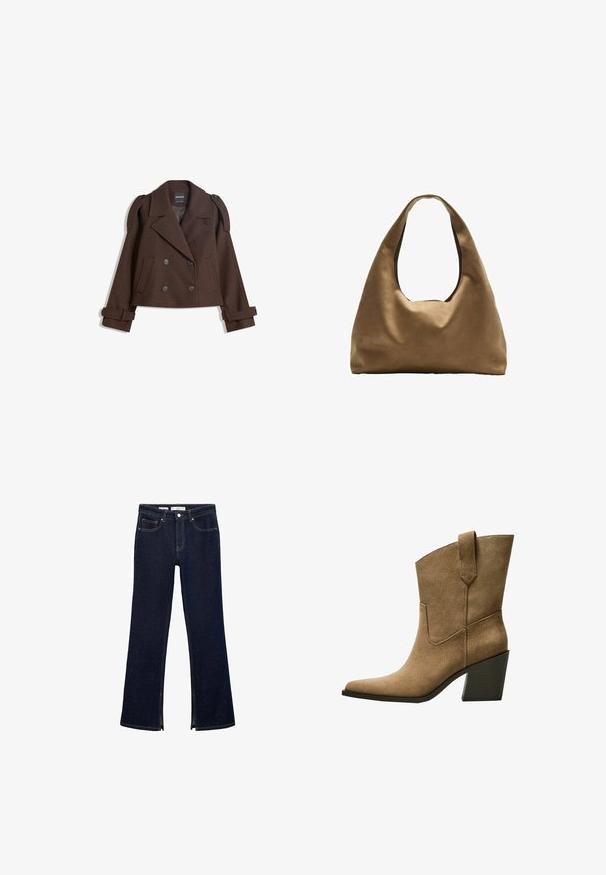 Hnedý dvojradový kabát z vlnenej zmesi s ramennými epauletmi, veľkými klopami, dvoma prednými vreckami a ohrnutými manžetami. Označená vnútorná etiketa.; Biely bavlnený top bez rukávov s okrúhlym výstrihom a priliehavým strihom. Hladká textúra, jednoduchý dizajn a minimálne švy.; Tmavomodré riflové rozšírené nohavice majú vysoký pás, bočné zipsy, predné vrecká a kontrastné stehy pre výraznejší dizajn.; Hnedé semišové kovbojské topánky s špicatou špičkou, obsahujúce stredne vysoký blokový podpätok a jednoduché prešívanie pozdĺž postranných švov.; Hnedá látková taška cez rameno s širokým, zaobleným telom a veľkým vyrezaným uchom. Mäkčená textúra, minimalistický dizajn a bez viditeľného kovania.