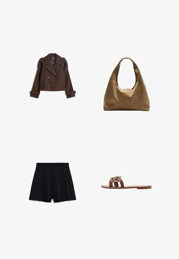 Brown double-breasted wool-blend jacket with shoulder epaulets, large lapels, two front pockets, and rolled cuffs. Marked interior label.; White cotton tank top with a scooped neckline, no sleeves, and a fitted shape. Smooth texture, plain design, and minimal stitching details.; Black cotton shorts featuring a pleated design, elastic waistband, and smooth texture. No pockets or additional hardware details visible.; Brown flat sandals made of synthetic material featuring a braided strap design and a smooth, flat sole. No heel, minimalist aesthetic.; Brown fabric shoulder bag with a wide, rounded body and a large cutout handle. Soft texture, minimalistic design, and no visible hardware.