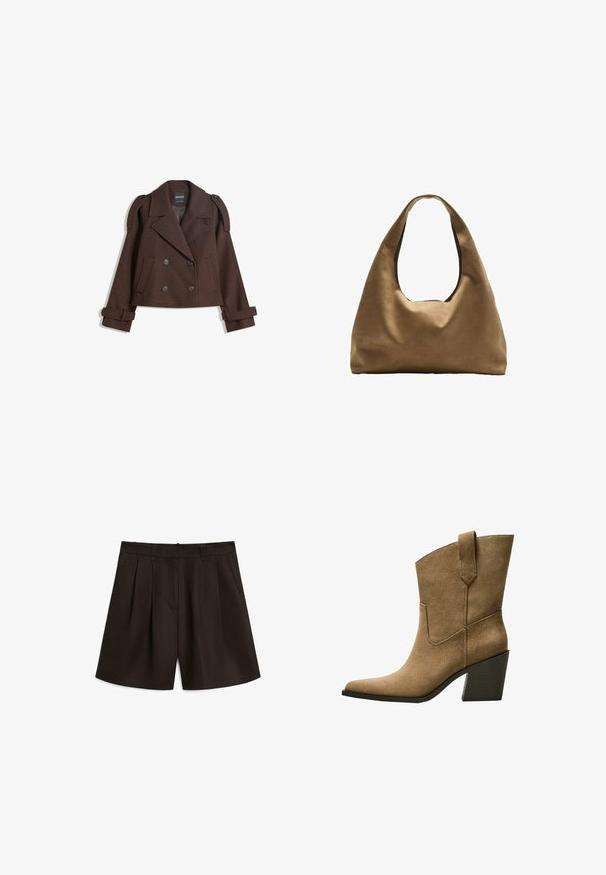 Giacca in misto lana marrone doppiopetto con spalline, ampie rever, due tasche frontali e maniche arrotolate. Etichetta interna marcata.; Top in cotone bianco senza maniche, con scollatura ampia e linea aderente. Tessuto liscio, design semplice e dettagli di cucitura minimi.; Massimo Dutti PLEATED BERMUDA - Shorts - dark brown; Stivali da cowboy in suede marrone con punta affusolata, caratterizzati da un tacco a blocco di altezza media e da una semplice cucitura lungo le cuciture laterali.; Borsa a spalla in tessuto marrone con un corpo ampio e arrotondato e una grande maniglia a taglio. Texture morbida, design minimalista e senza hardware visibile.
