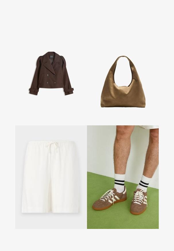 Braune, doppelt knöpfbare Wollmischjacke mit Schulterklappen, großen Revers, zwei Fronttaschen und umgeschlagenen Manschetten. Mit Etikett im Inneren.; Weißes Baumwoll-Top mit Rundhalsausschnitt, ohne Ärmel und figurbetontem Schnitt. Glatte Textur, schlichtes Design und minimale Nähdetails.; Weiße Leinen-Shorts mit elastischem Bund und Kordelzug, locker sitzend und mit zwei Seitentaschen. Glatte Textur, einfaches Design.; Braune Wildleder-Sneaker mit weißen Akzenten und Schnürsenkeln. Gummisohle in Kautschuk-Optik. Getragen mit weißen Socken, die schwarze Streifen haben. Grüner strukturierter Fußboden.; Braune Stoffschultertasche mit einem breiten, runden Körper und einem großen Ausschnittgriff. Sanfte Textur, minimalistisches Design und keine sichtbaren Beschläge.