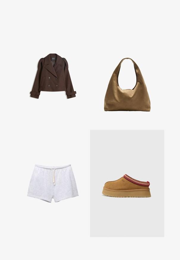 Giacca in misto lana marrone doppiopetto con spalline, ampie rever, due tasche frontali e maniche arrotolate. Etichetta interna marcata.; Top in cotone bianco senza maniche, con scollatura ampia e linea aderente. Tessuto liscio, design semplice e dettagli di cucitura minimi.; Pantaloni corti grigi in cotone con vita elastica e cordoncino. Tessuto morbido e design semplice, privo di motivi o dettagli.; Scarpa slip-on in suede marrone con bordi a motivo rosso e crema, suola testurizzata e logo UGG di lato. Presenta un leggero rialzo della suola.; Borsa a spalla in tessuto marrone con un corpo ampio e arrotondato e una grande maniglia a taglio. Texture morbida, design minimalista e senza hardware visibile.