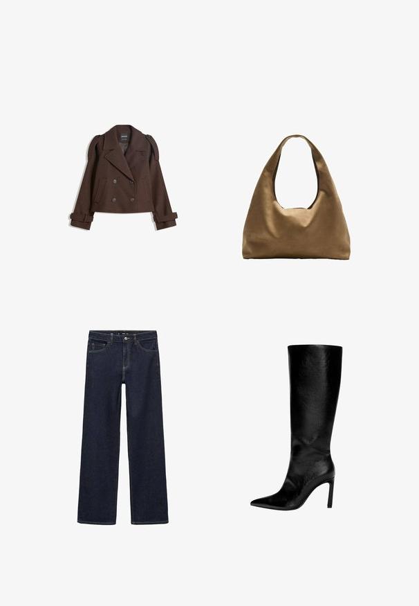 Smeđi dvostruki vuneni sako s epauletima na ramenima, velikim reverima, dva prednja džepa i prevrnutim manžetama. Oznaka unutrašnjosti.; Bijela pamučna majica bez rukava s izrezom u obliku slova U, tijesnog kroja. Glatka tekstura, jednostavan dizajn i minimalni detalji šivanja.; Tamno plave traperice s opuštenim krojem. Imaju visoki struk, pet džepova i kontrastno šivanje. Ravne nogavice, bez ukrasa.; Čizme od crne kože do koljena s šiljastim vrhom, visokim štiklama, glatkom finišom i jednostavnim, elegantnim dizajnom bez ukrasa.; Smeđa platnena torba za rame s širokim, zaobljenim tijelom i velikim izrezanim drškom. Mekana tekstura, minimalistički dizajn i bez vidljivog hardvera.